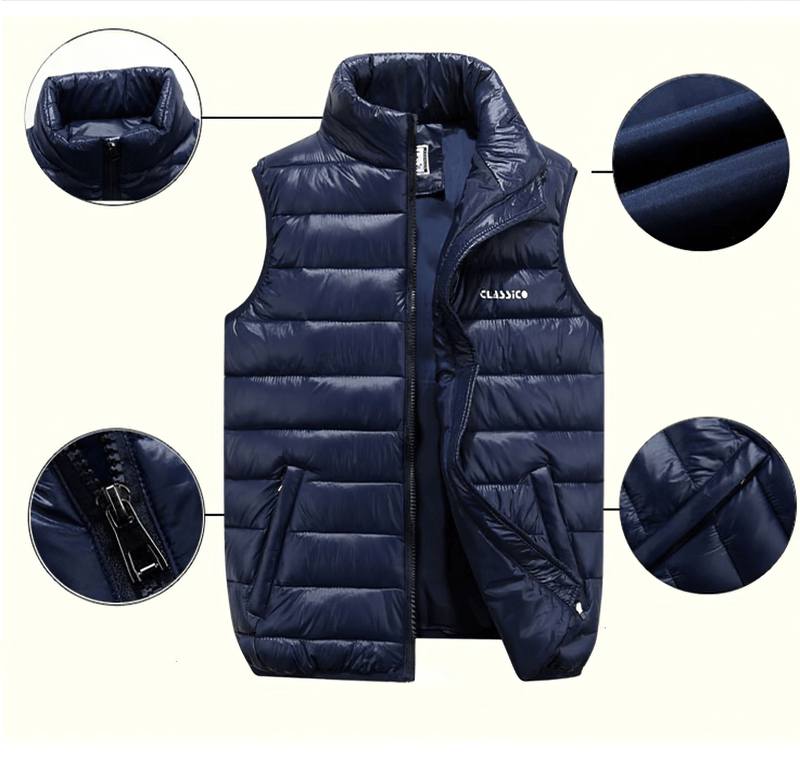 Navy blue casual zipper thermal vest for women with mandarin collar and pockets, ideal for warmth and style. Product code: SF0060.